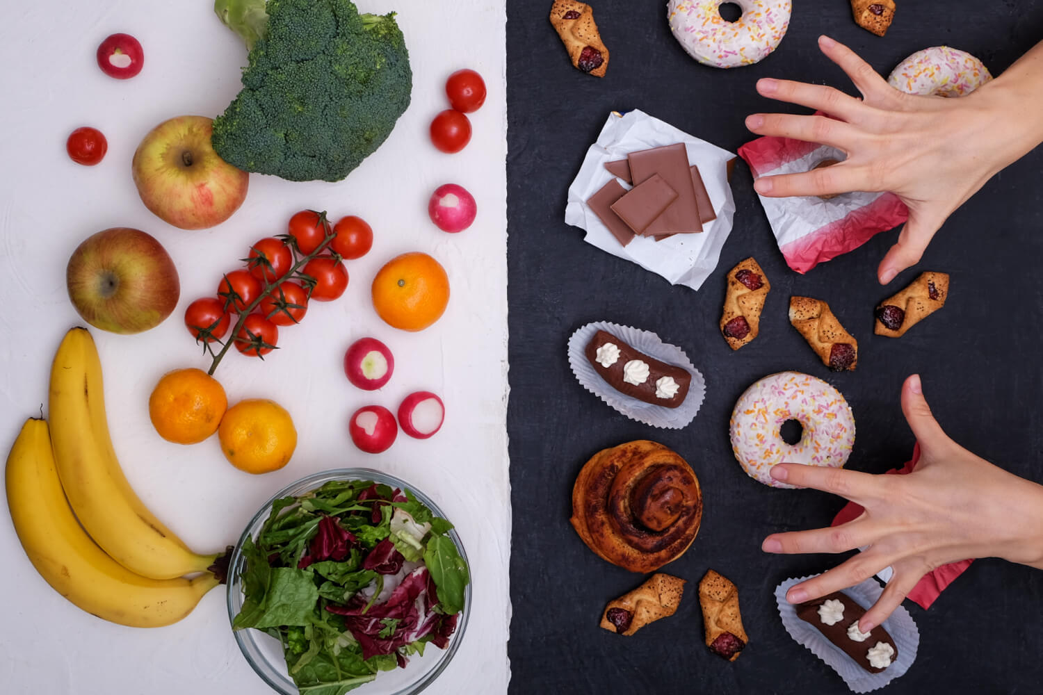 Zalecane (banan, brokuł i pomarańcze) i niepolecane produkty (fast-foody) w diecie przy hemoroidach